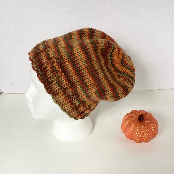 Beanie Hat Slouchy Hand Crafted Multicolor Stripes Orange Brown Green Rust Knit - Picture 3 of 16